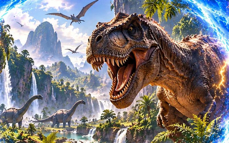 A world of dinosaurs seen through a portal